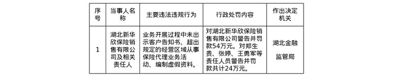 湖北新华欣保险被罚54万 相关责任人共被罚24万
