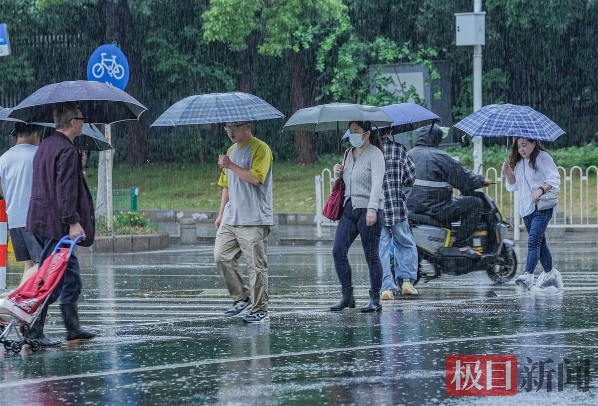 有的人穿着毛衣、春装在大雨中穿行（民族大道）
