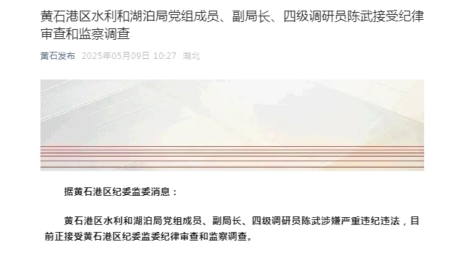 黄石港区水利和湖泊局党组成员、副局长、四级调研员陈武被查