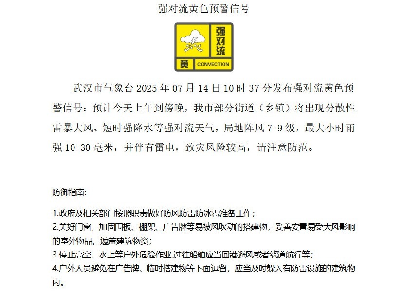 武汉再发强对流橙色预警 局地阵风将达10级以上